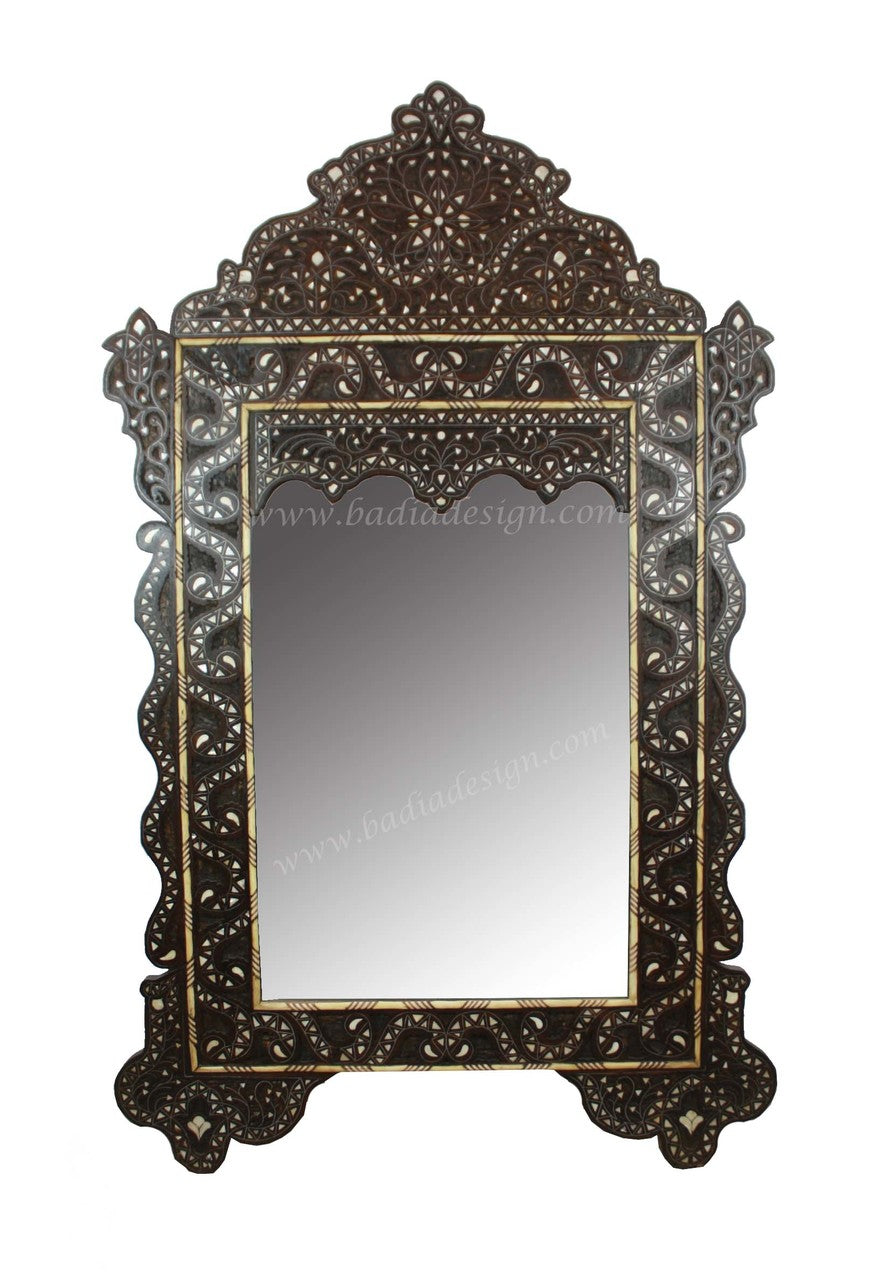 Moroccan Arch Bone Inlay Carved Wood Mirror