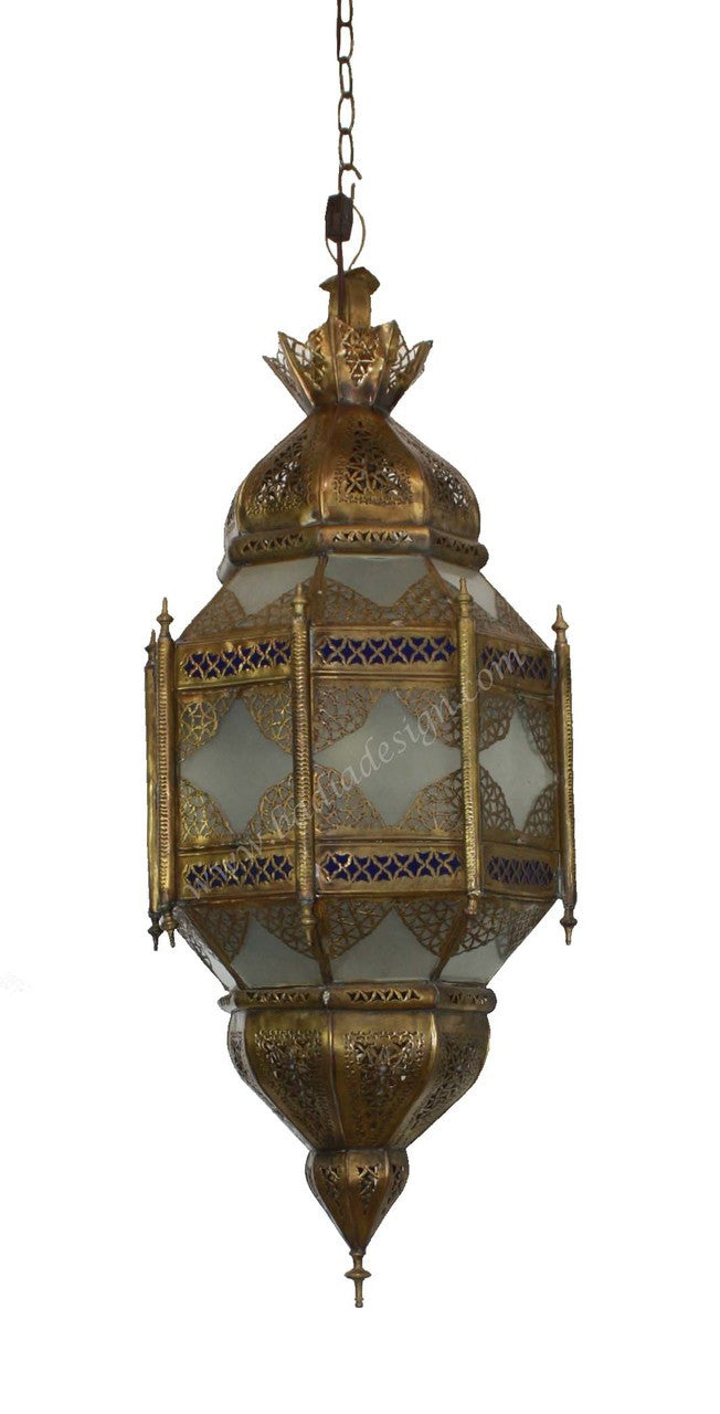 Hand Punched Brass Chandelier with Blue Glass