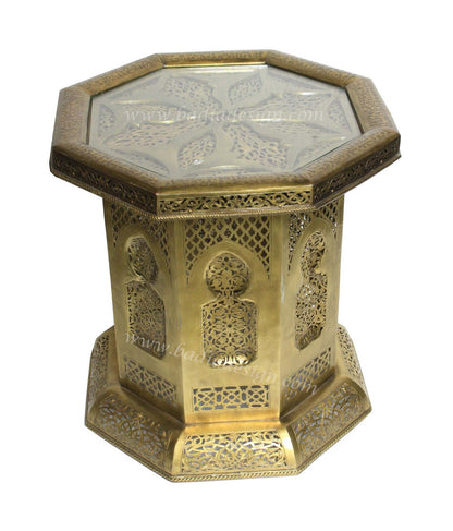 Embossed Solid Brass Table with Glass Top