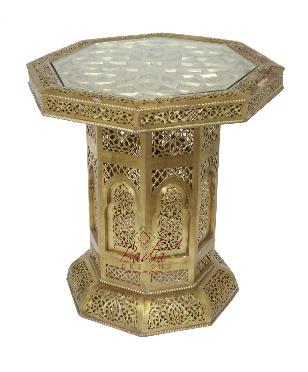 Solid Brass Embossed Side Table with Glass Top