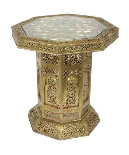 Solid Brass Embossed Side Table with Glass Top