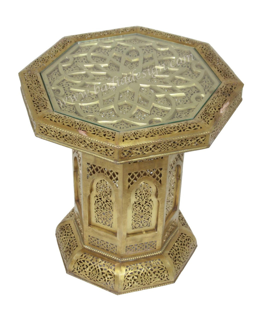 Solid Brass Embossed Side Table with Glass Top