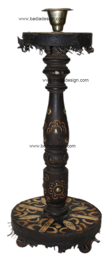 Vintage Wooden Candle Holder with Camel Bone Inlay