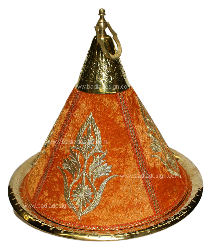 Moroccan Brass Serving Tagine with Orange Embroidery Fabric