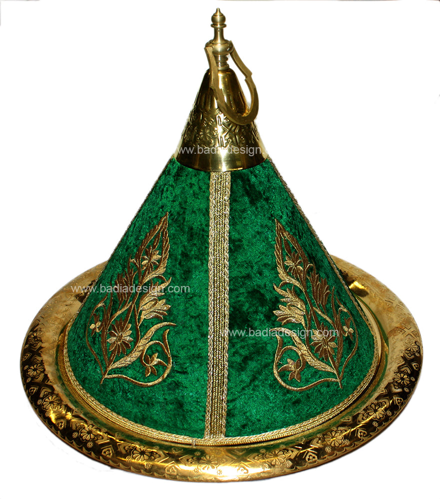 Moroccan Brass Serving Tagine with Green Embroidery Top