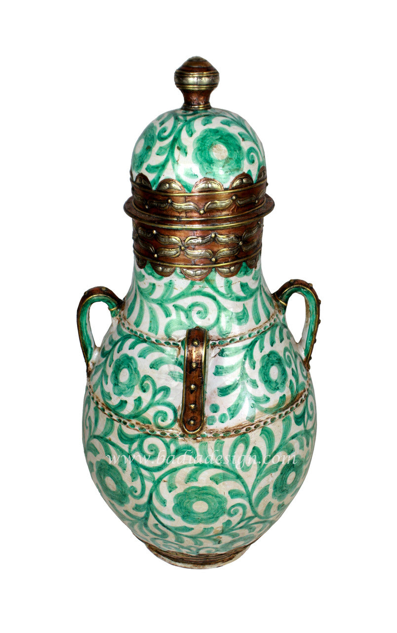 Aqua Hand Painted Metal and Ceramic Urn