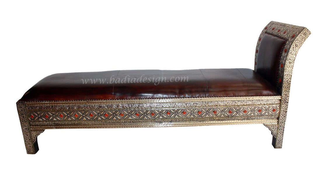 Bone Inlay Embossed Metal Bench with Leather Seat