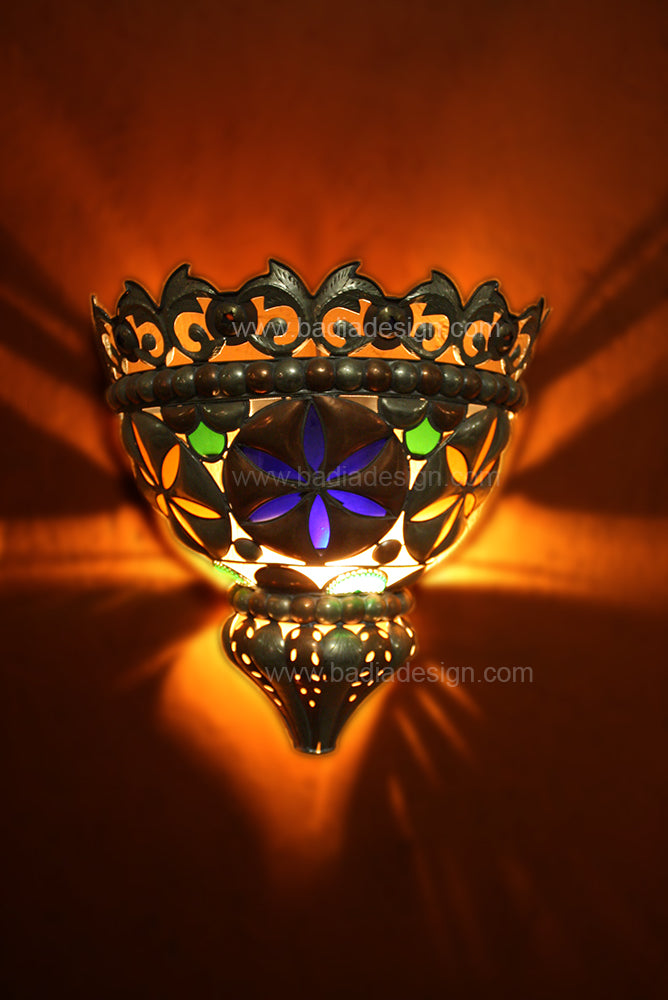 Metal Half Moon with Multiple Colored Glass Wall Sconce