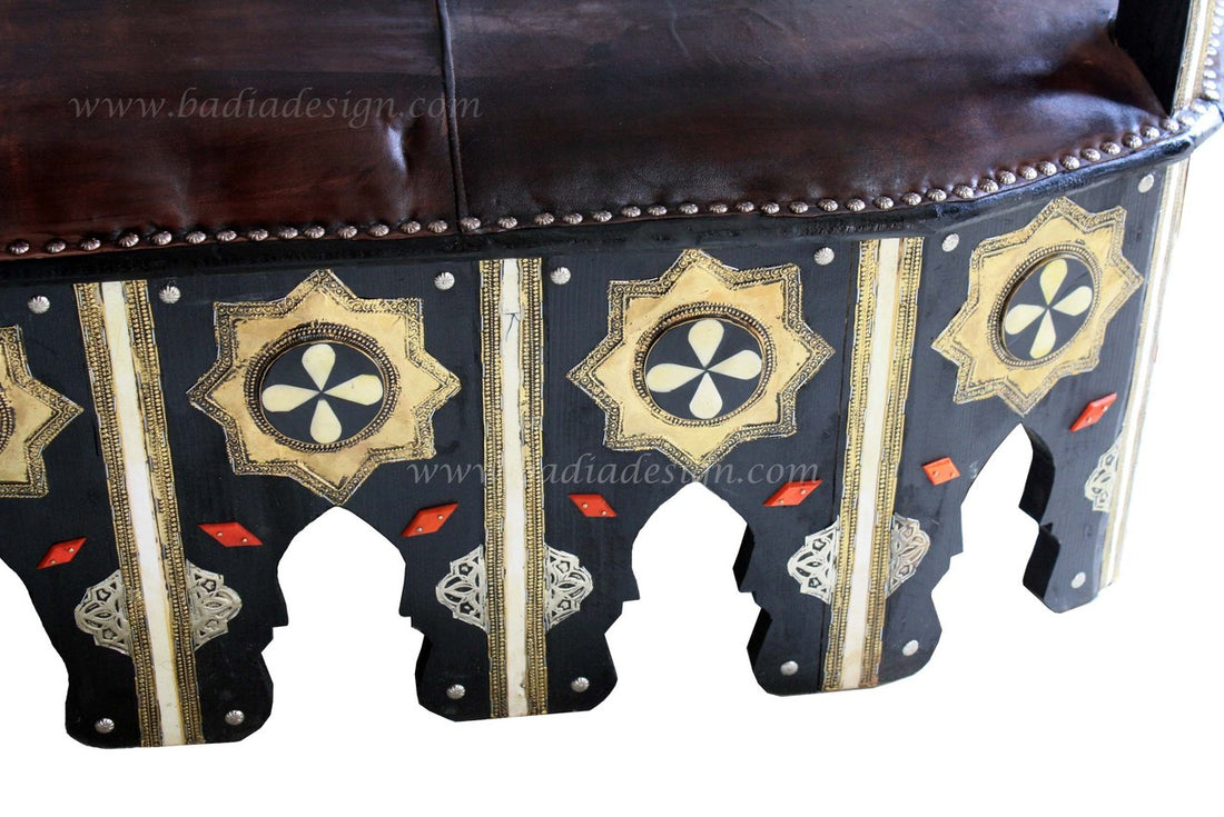 Embossed Metal and Bone Inlay Bench with Leather Seat