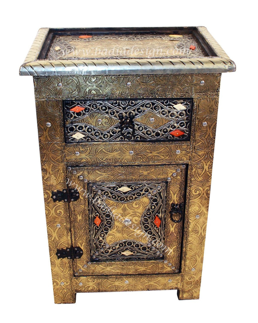 Carved Cedar Embossed Metal and Bone Cabinet