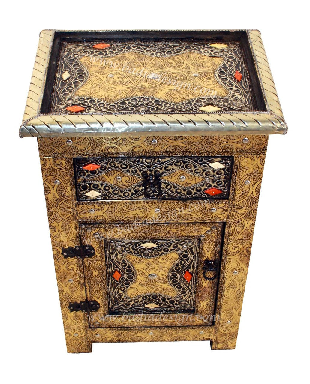 Carved Cedar Embossed Metal and Bone Cabinet