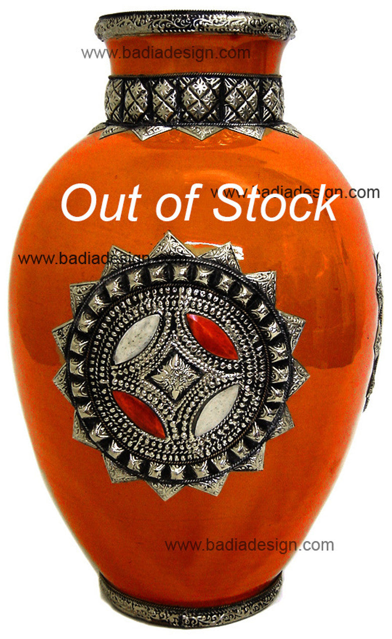 Large Metal and Bone Ceramic Vase