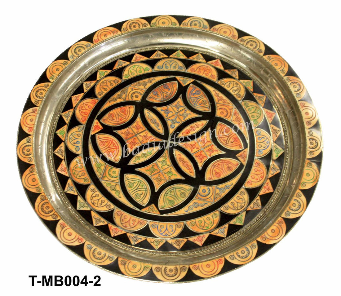 Round Embossed Brass and Orange Bone Inlay Tray
