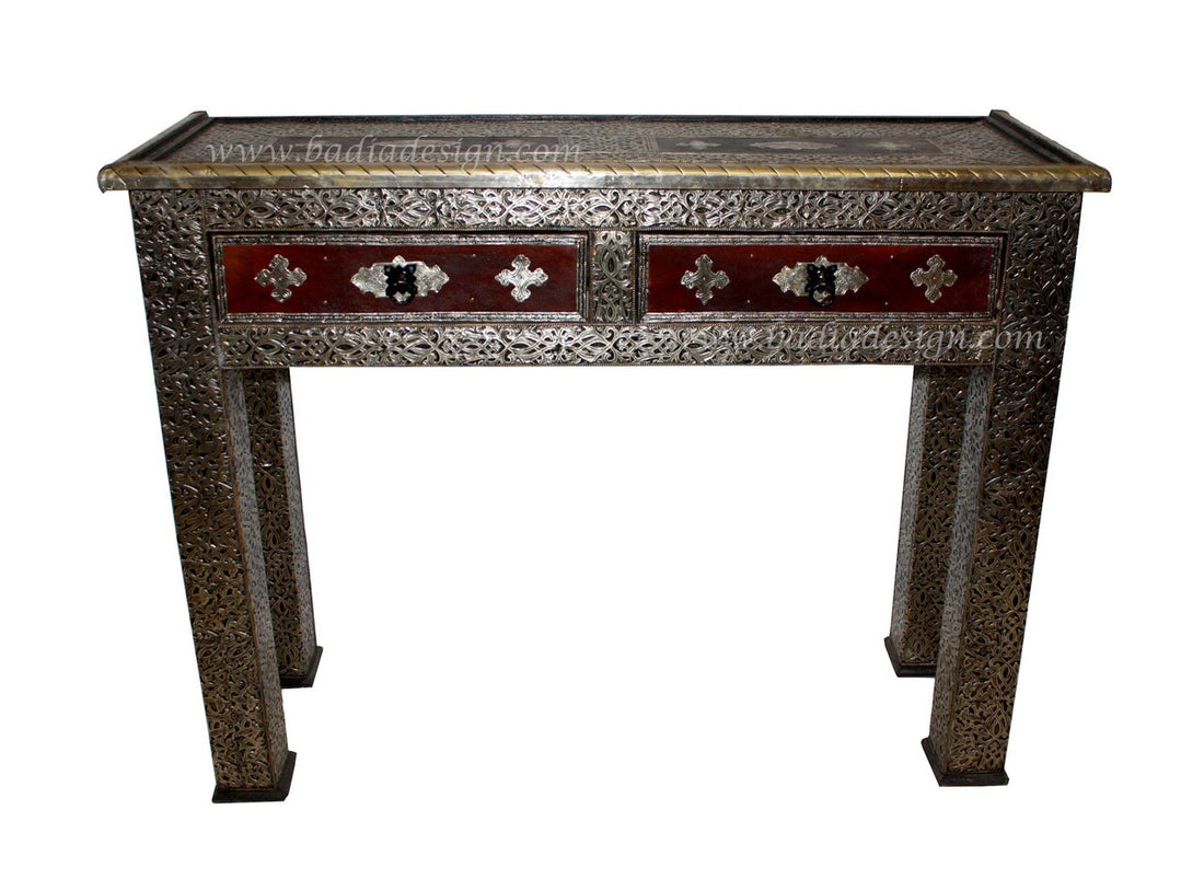 Premium Leather Nickel Embossed Cabinet with Glass Top