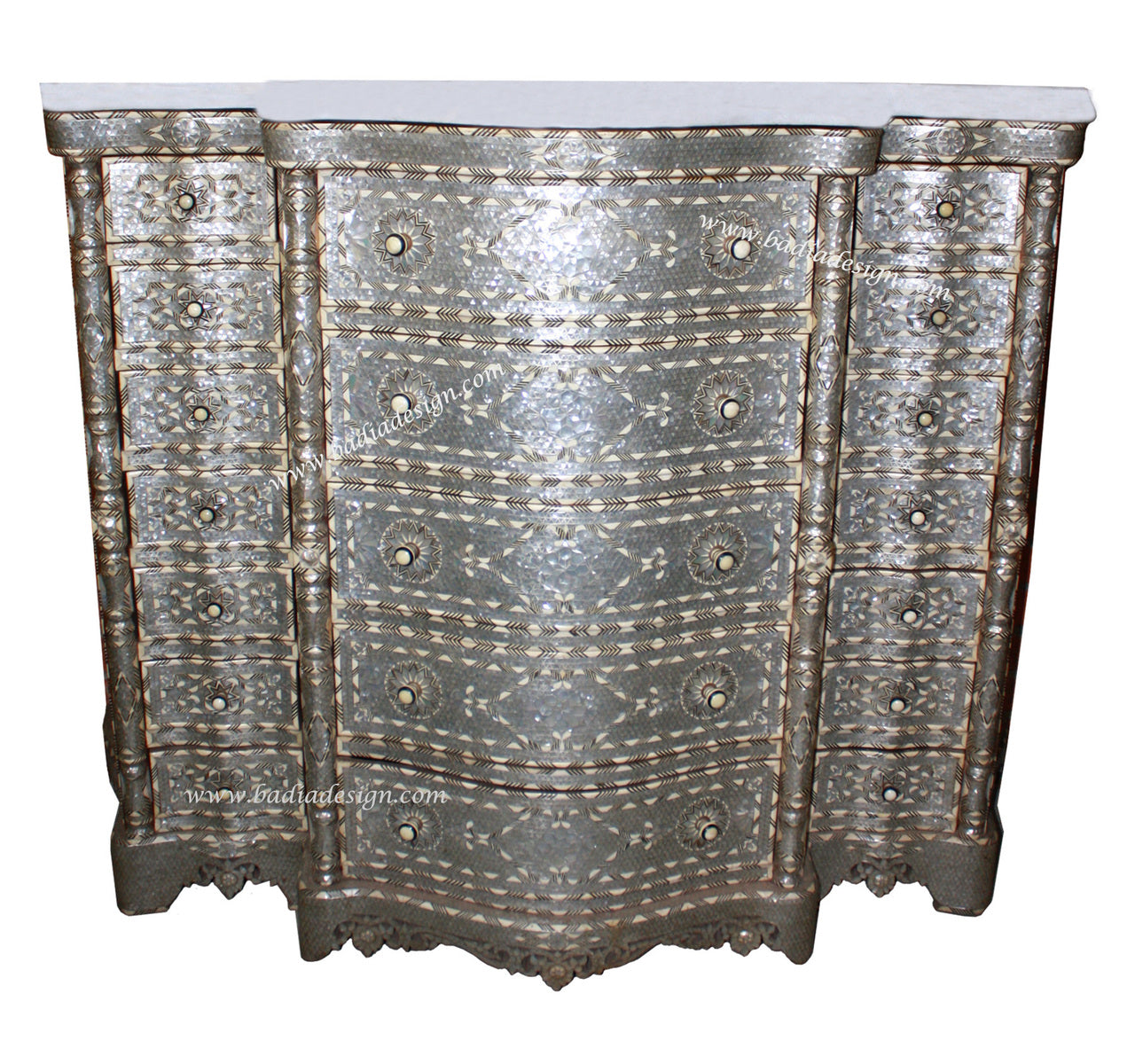 Mother of Pearl Inlaid 19-Drawer Dresser with White Marble Top - MOP-DR015