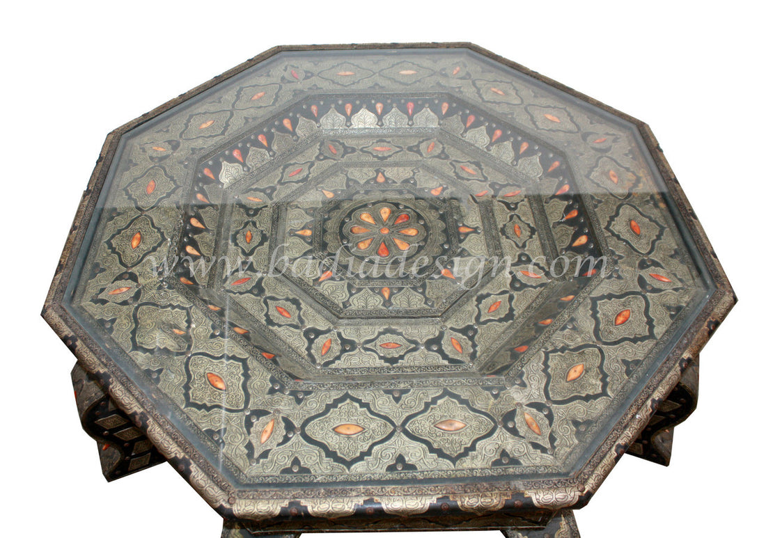 Embossed Metal and Bone Inlay Octagon Table