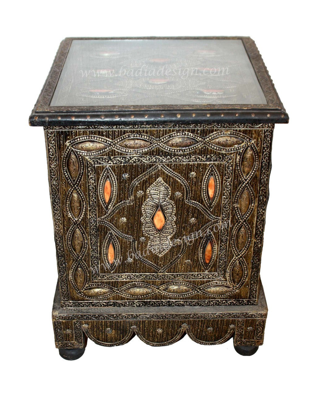 Square Embossed Metal and Bone Table with Glass Top