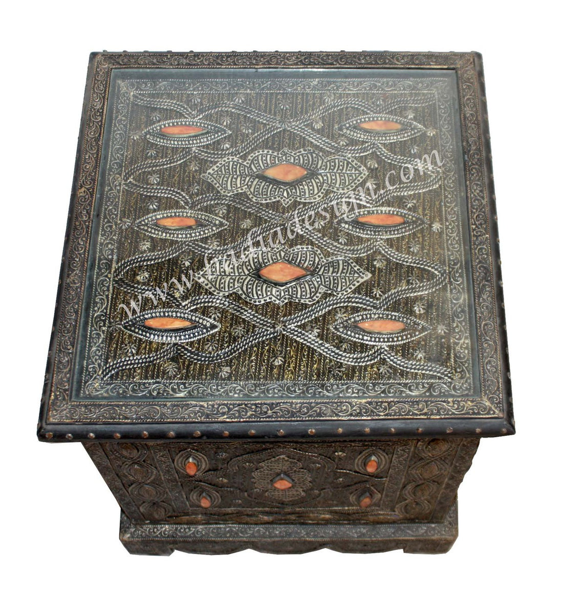Square Embossed Metal and Bone Table with Glass Top