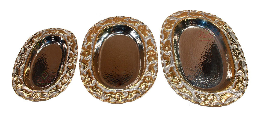 Oval Shaped Engraved Gold and Silver Brass Tray