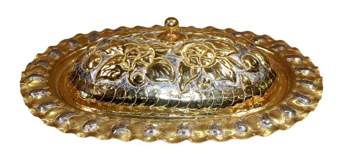 Oval Brass Engraved Gold and Silver Serving Tray with Lid