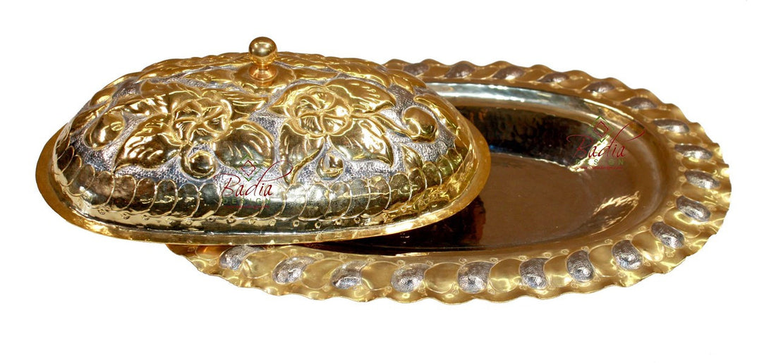Oval Brass Engraved Gold and Silver Serving Tray with Lid