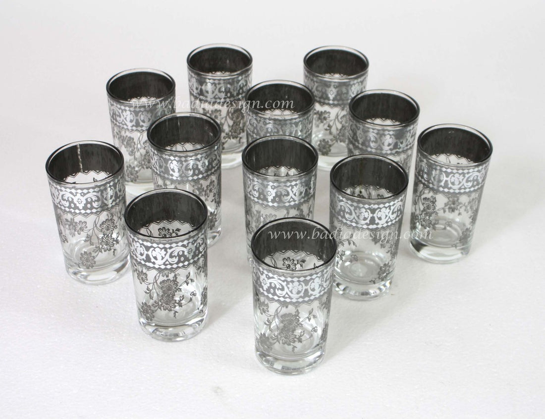 Silver Floral Design Clear Tea Glass - Pack of 12