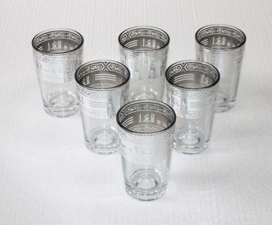 Silver Motif Moroccan Clear Tea Glass Set - Pack of 6