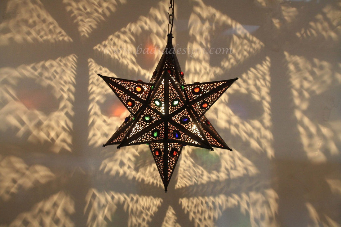 Hanging Star Shaped Lantern with Multi Color Glass Eyelets