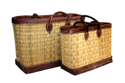Moroccan Handwoven Straw Handbag with Brown Leather Handle