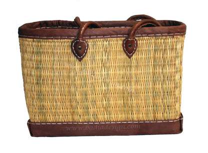 Moroccan Handwoven Straw Handbag with Brown Leather Handle
