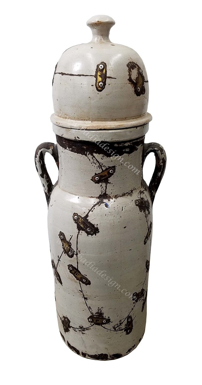 Vintage Moroccan Hand Painted Metal and Ceramic Urn