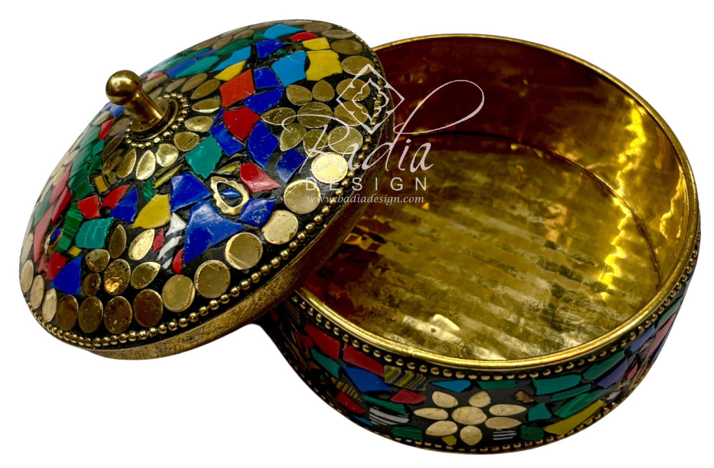Decorative box with colorful mosaic design with open lid on a white background