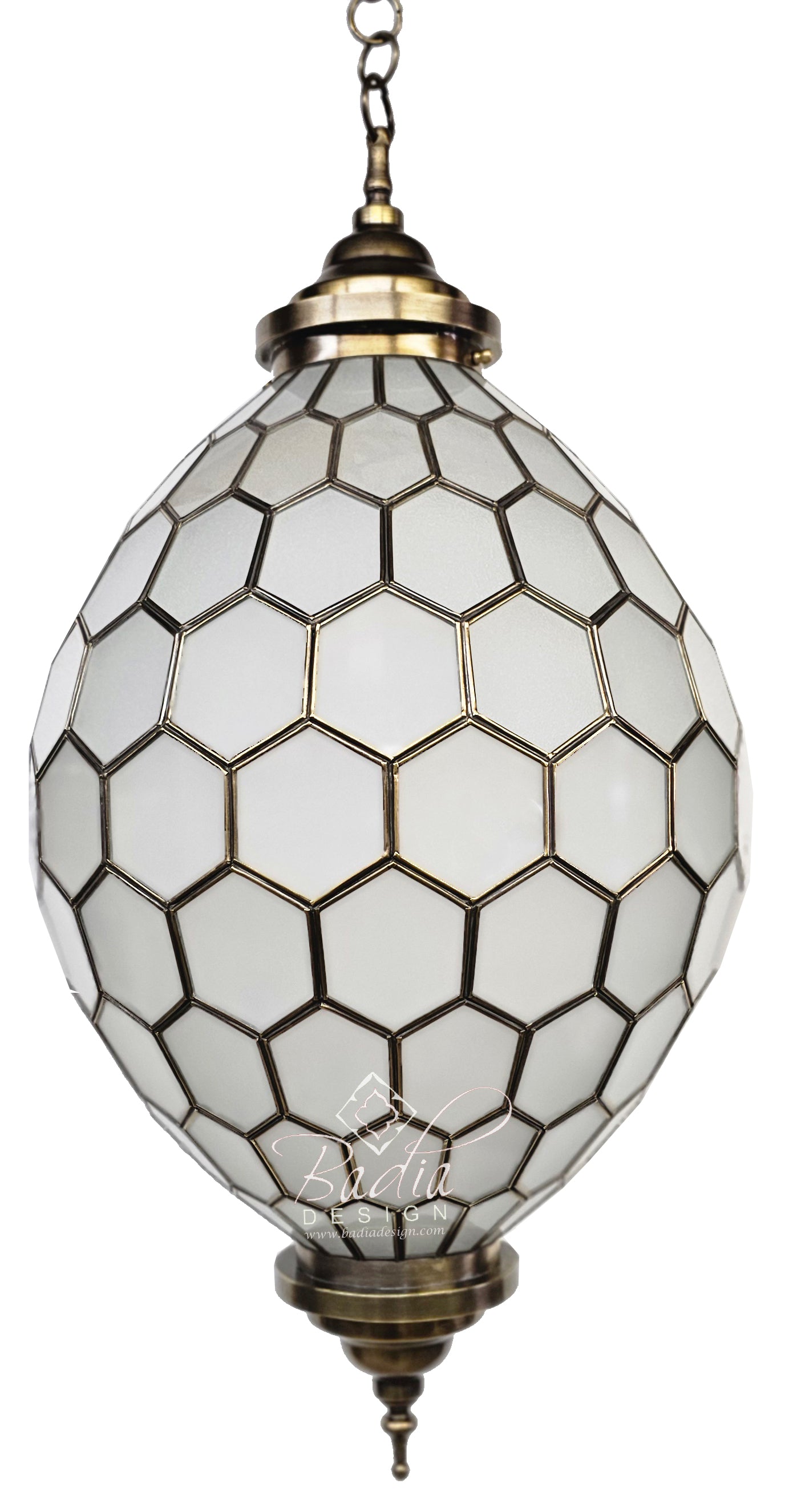 Oblong Shaped Hanging Brass Lamp with White Glass