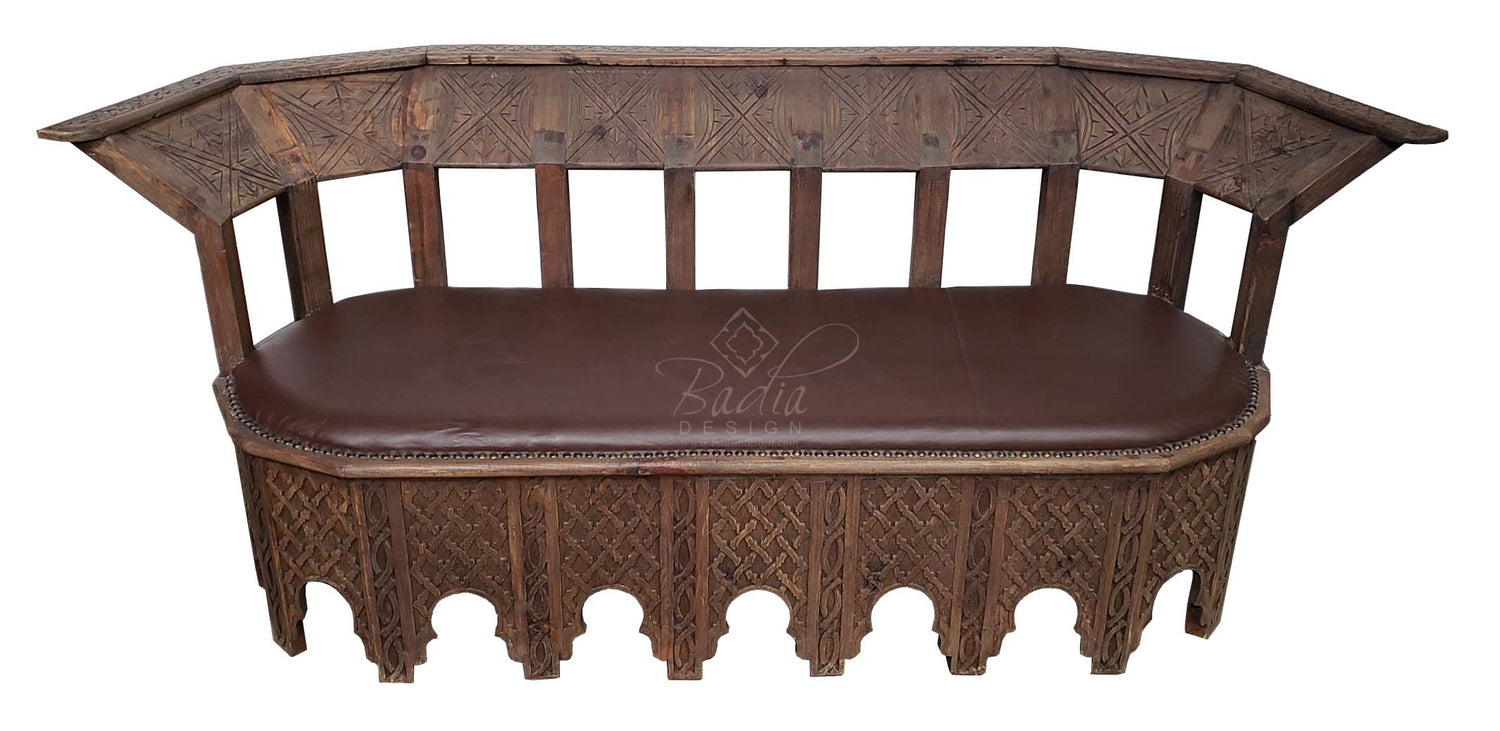 Hand Carved Wooden Bench with Leather Seat