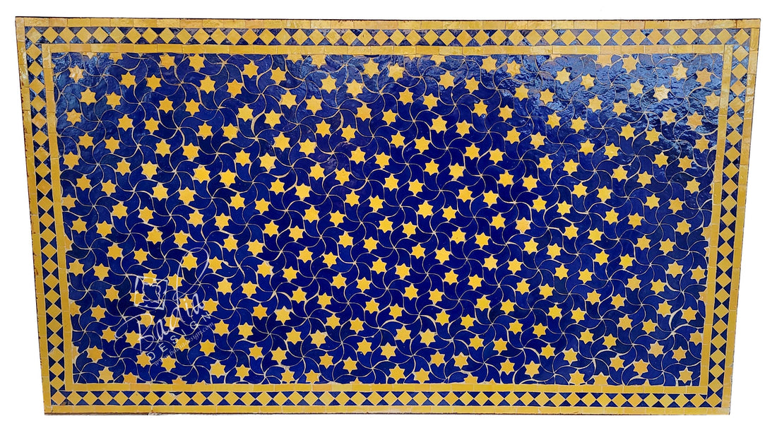 Blue and Yellow Rectangular Shaped Intricately Designed Tile Table Top