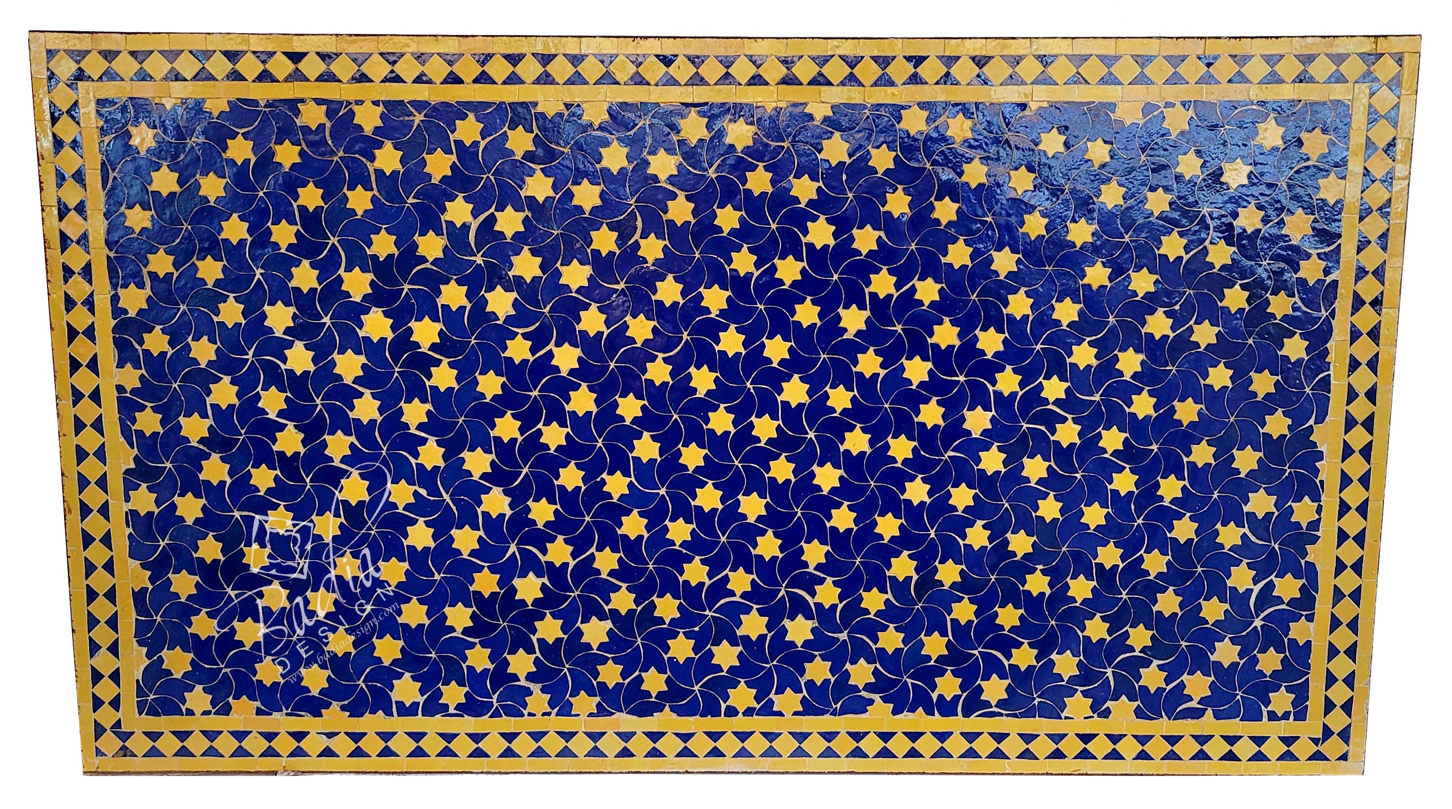 Blue and Yellow Rectangular Shaped Intricately Designed Tile Table Top