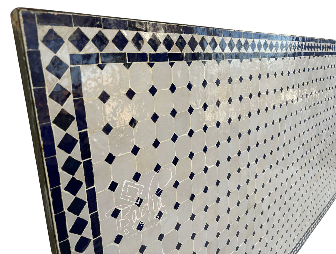 40"W x 96"L Moroccan Mosaic Blue and Off-White Tile Table