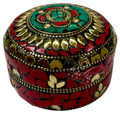 Moroccan Red and Green Resin Container with Gold Metal Detail
