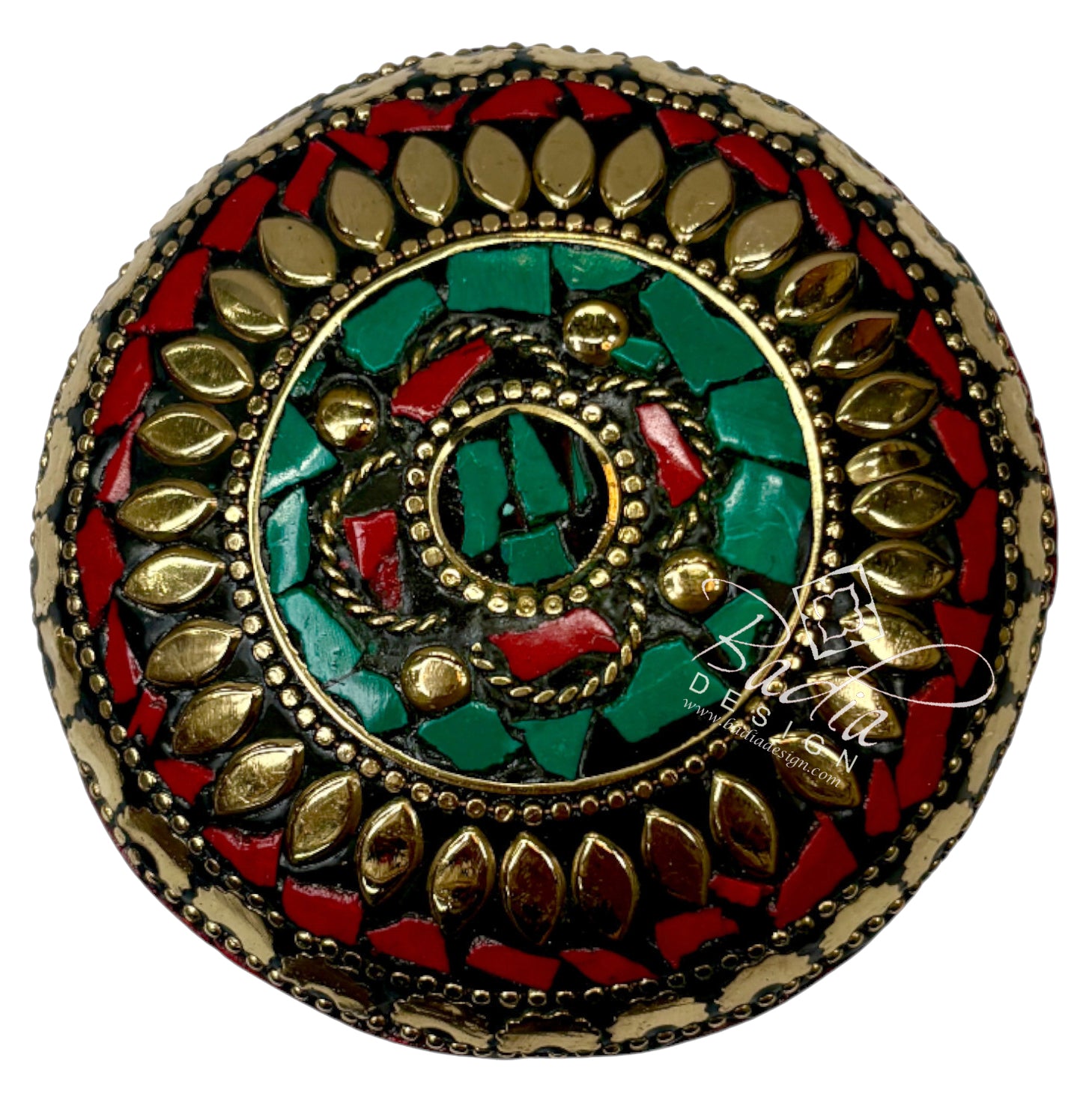 Red and Green Resin Container with Gold Metal Detail