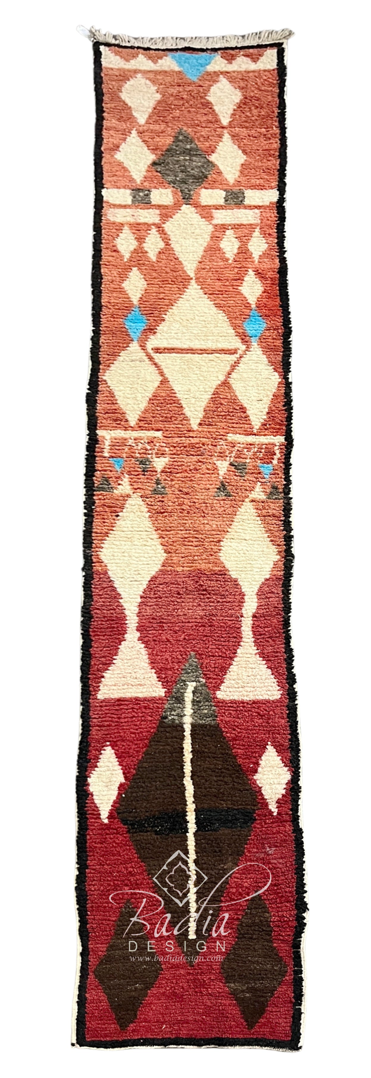 Red Moroccan Runner Rug with Cream Geometric Designs