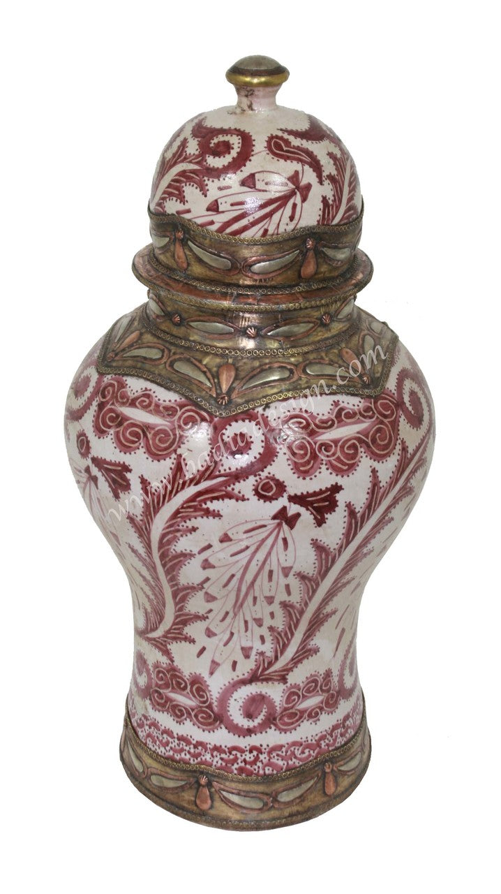 Red Hand Painted Metal and Ceramic Urn
