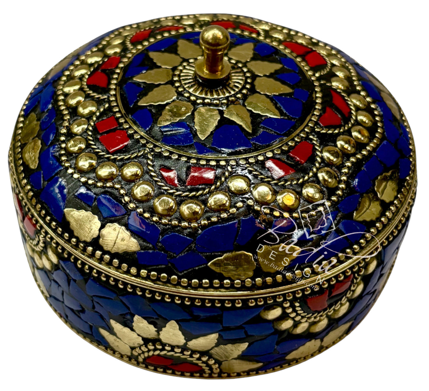 Round Moroccan Decorative Container in Blue and Gold