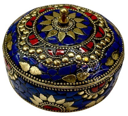 Round Moroccan Decorative Container in Blue and Gold
