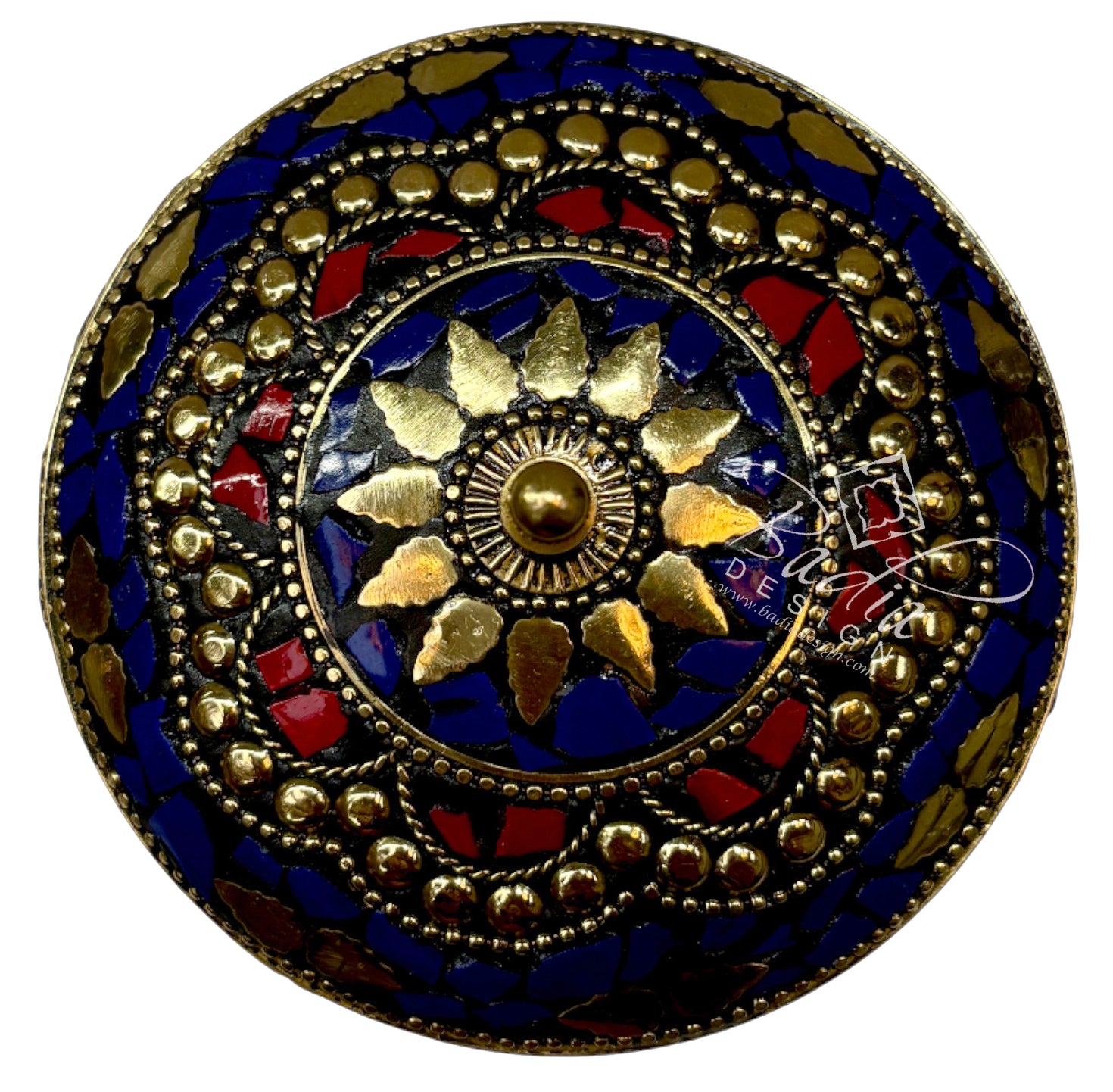 Decorative circular container top with gold, blue, and red colors on a white background