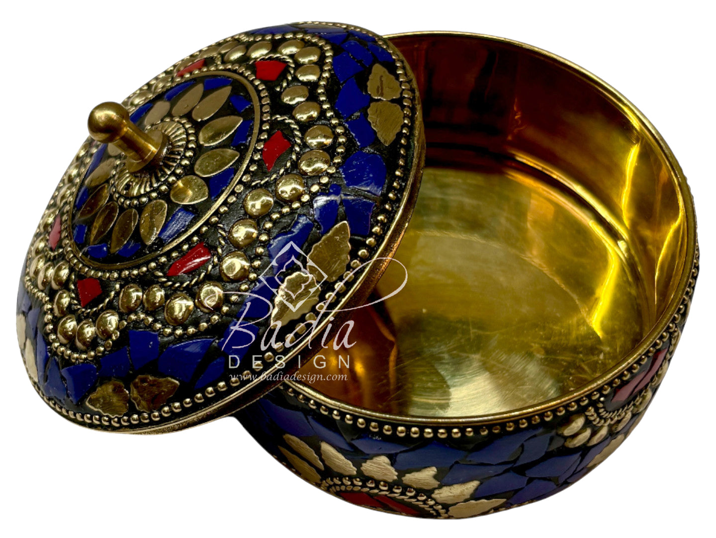 Decorative jewelry container with blue, gold, and red design with open lid