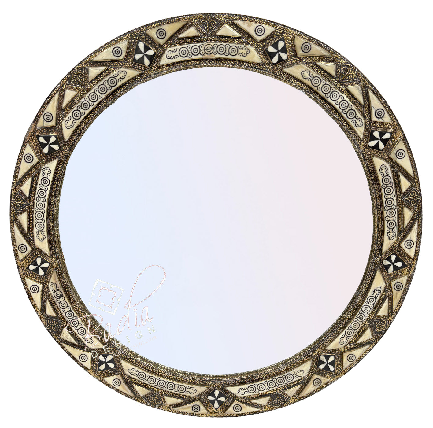 Round Moroccan Mirror with Metal and Bone Inlay