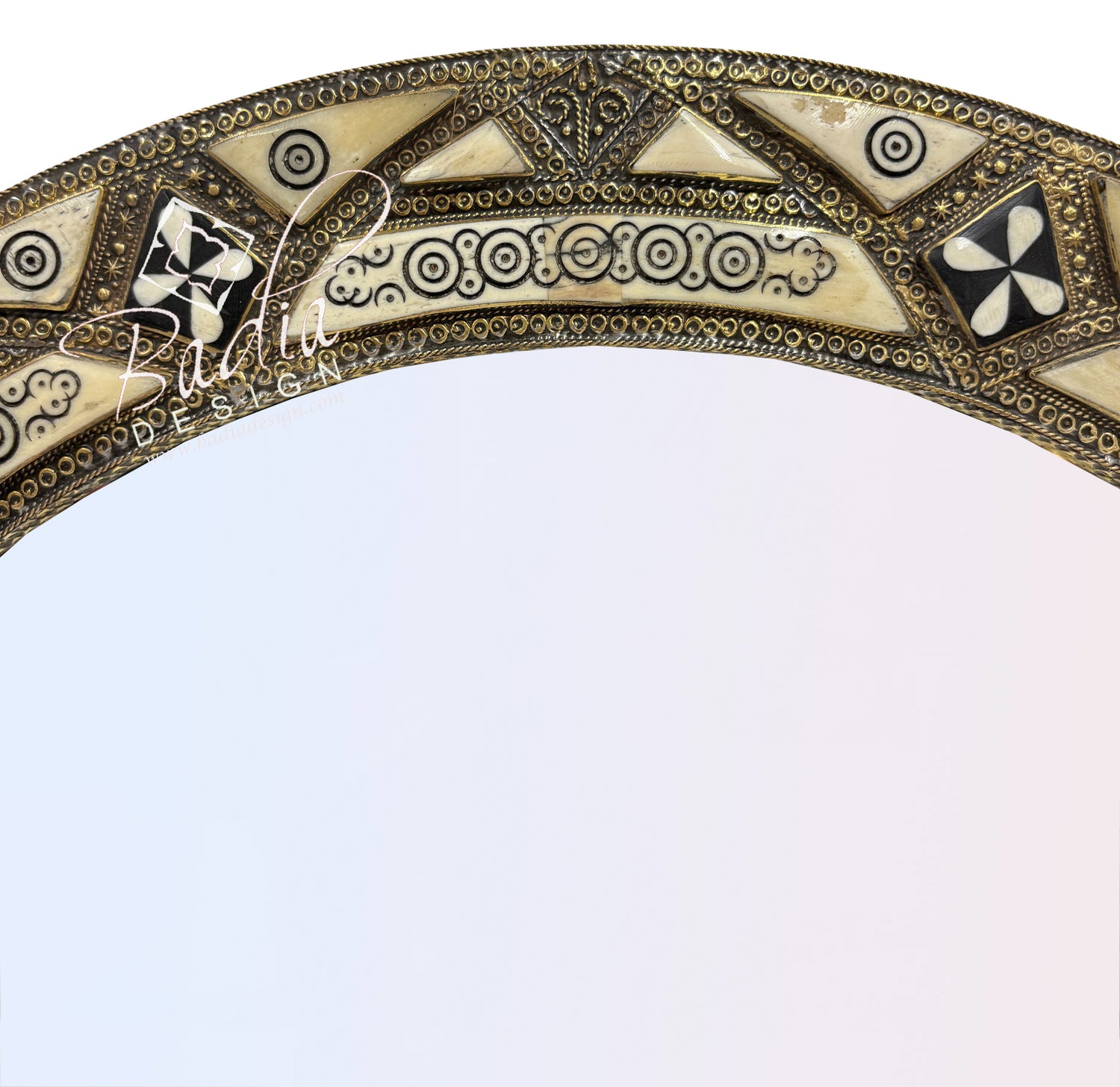 Round Mirror with Metal and Bone Inlay