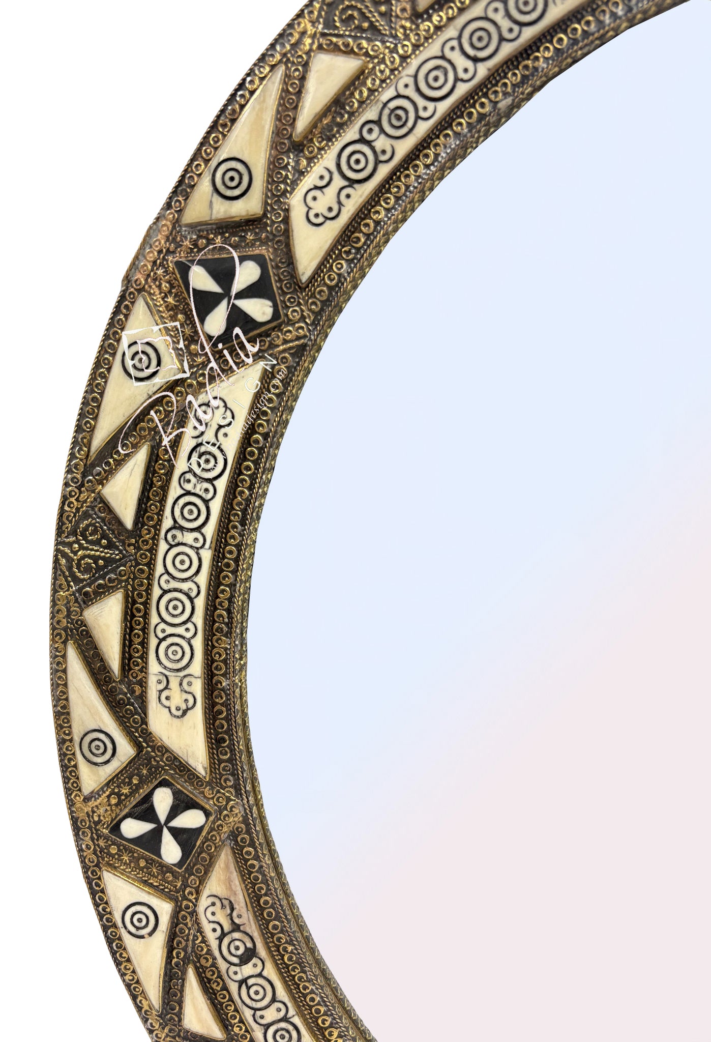 Round Mirror with Metal and Bone Inlay