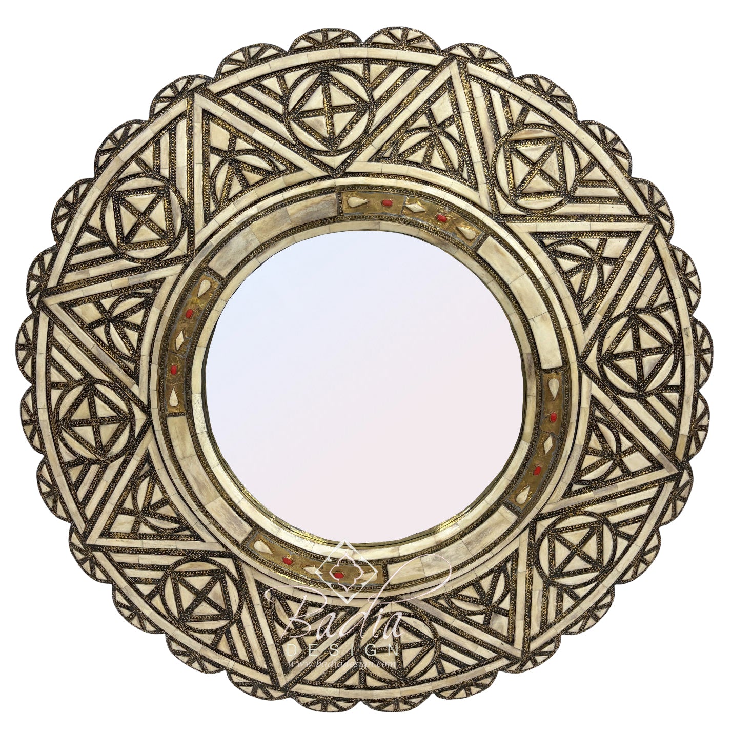 Round Moroccan Mirror with Metal and Bone Inlay