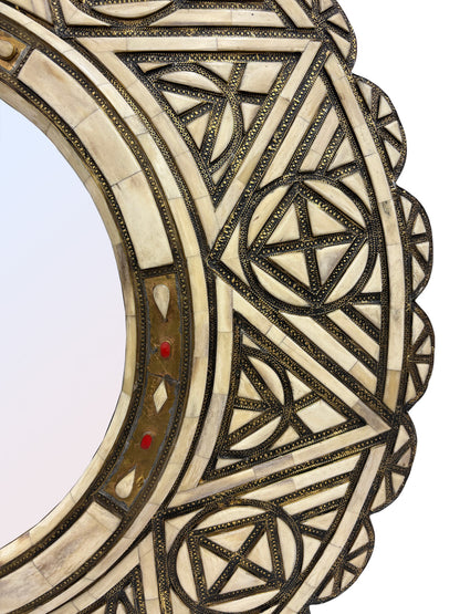 Round Mirror with Metal and Bone Inlay